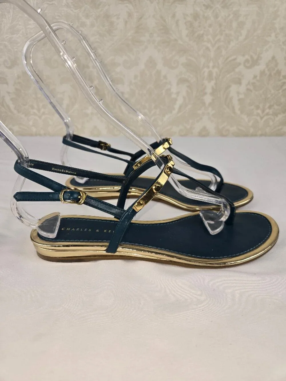Charles & Keith Size 37 (US 7) Teal Gold Accent Leather Sandal Ankle Strap